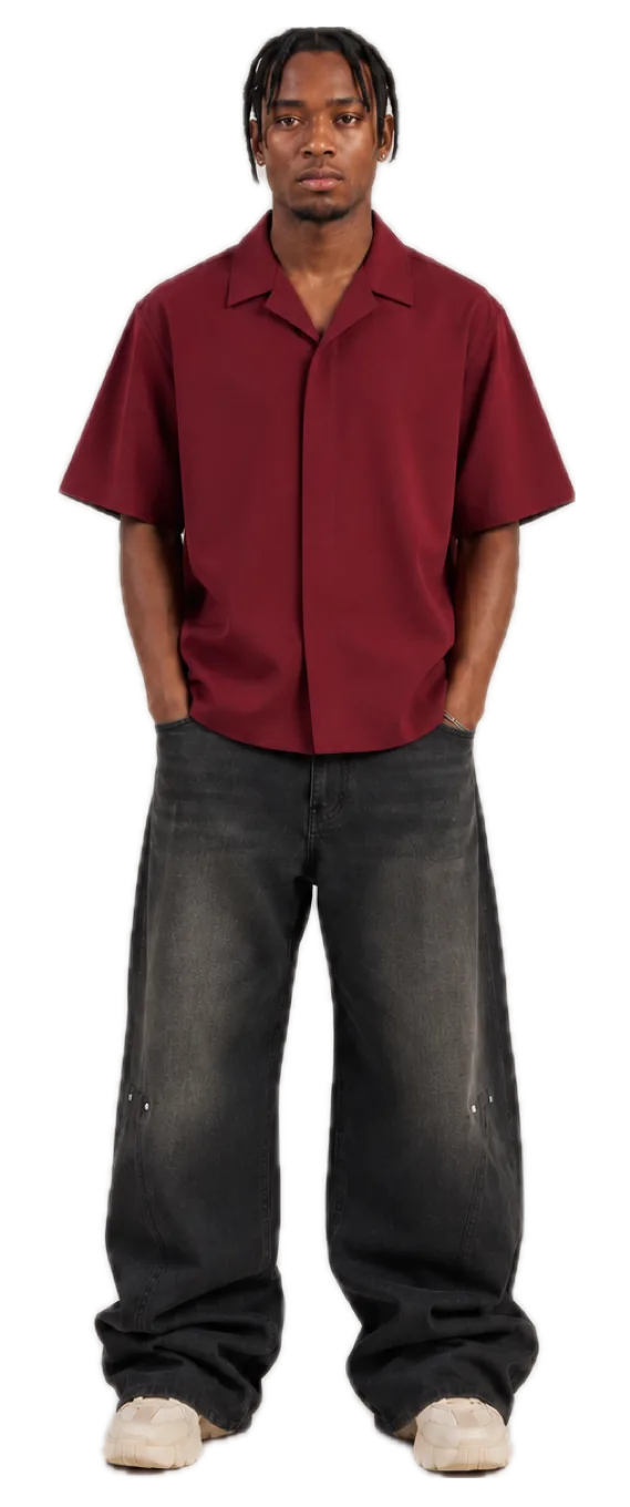 Burgundy camp-collar shirt, Alexandre Son Joseph script embroidered across the back yoke